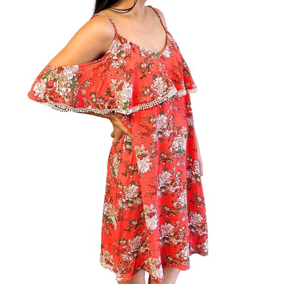 Orange Floral Off-shoulder Spring Dress - Picture 3 of 7